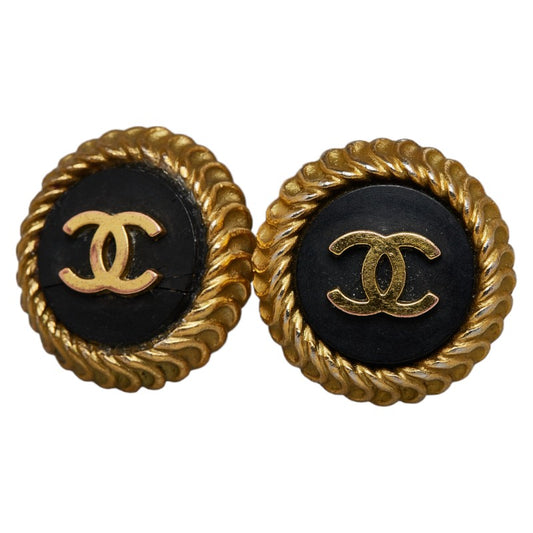 Chanel Vintage Coco Mark Gold Black Plated Earrings