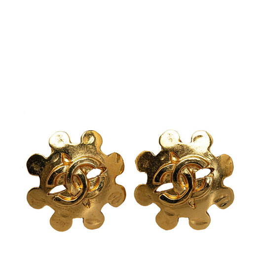 Chanel Vintage Coco Mark Flower Motif Gold Plated Earrings