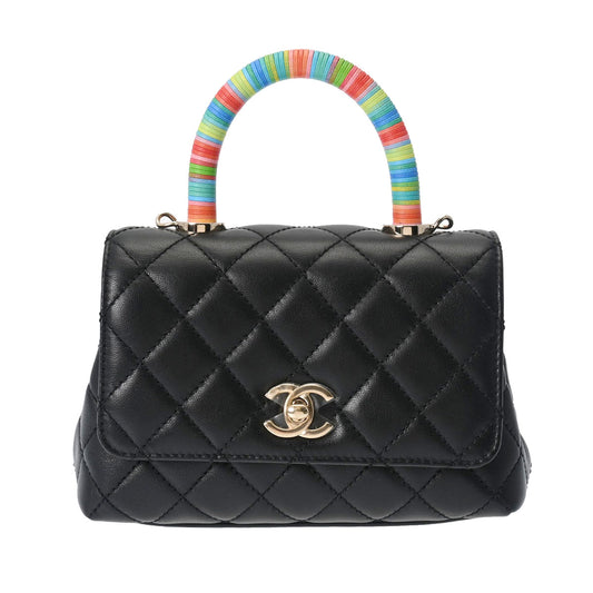 Chanel Black Quilted Chèvre Extra Mini Rainbow Coco Handle Flap Gold Hardware