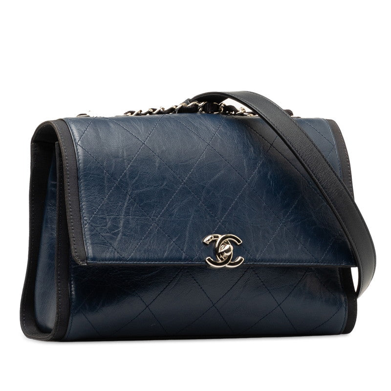 Chanel Coco Mark Chain Shoulder Bag Navy Silver Leather