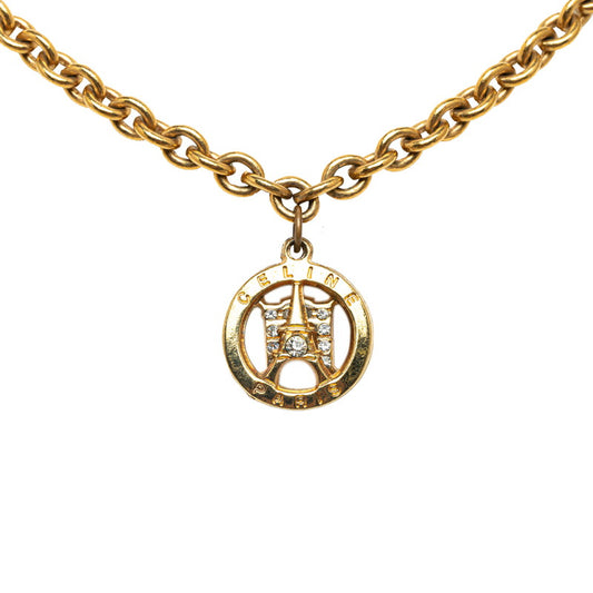 Celine Logo Eiffel Tower Arc De Triomphe Gold Plated Pendant Necklace