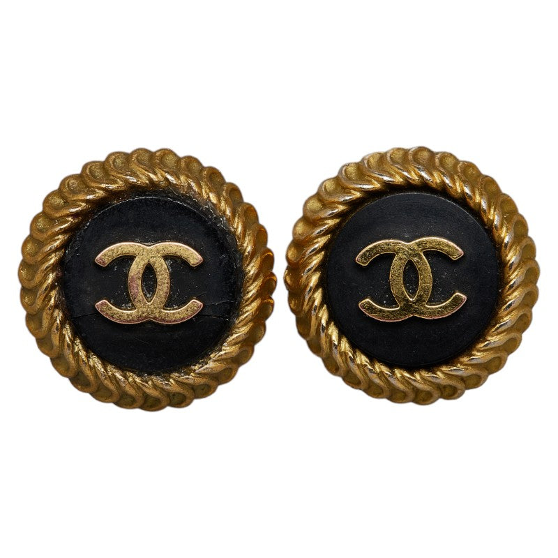 Chanel Vintage Coco Mark Gold Black Plated Earrings