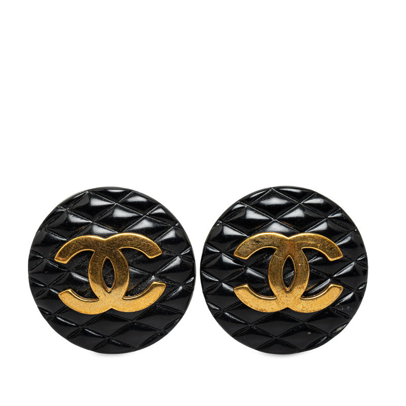 Chanel Black Resin Matelasse Quilted Button Earrings With Gold Tone Metal CC Logo