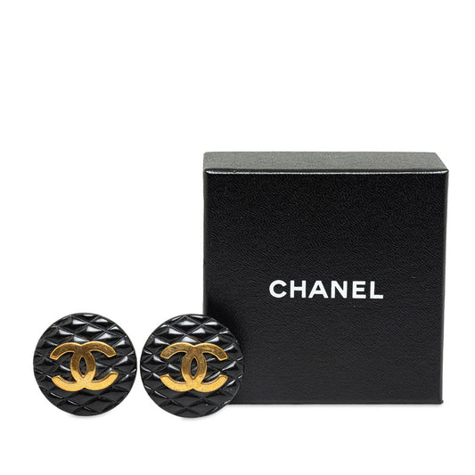 Chanel Black Resin Matelasse Quilted Button Earrings With Gold Tone Metal CC Logo