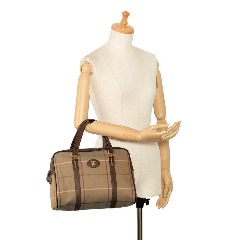 Burberry Checked Handbag Khaki Brown Nylon Leather