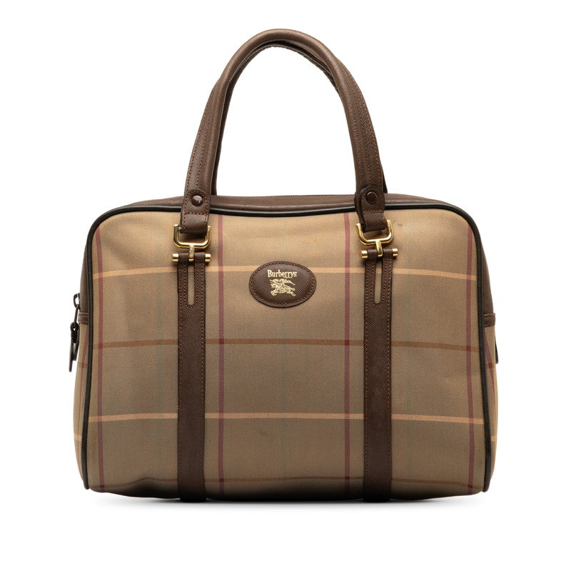 Burberry Checked Handbag Khaki Brown Nylon Leather