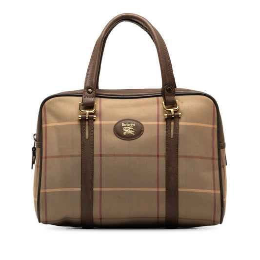Burberry Checked Handbag Khaki Brown Nylon Leather
