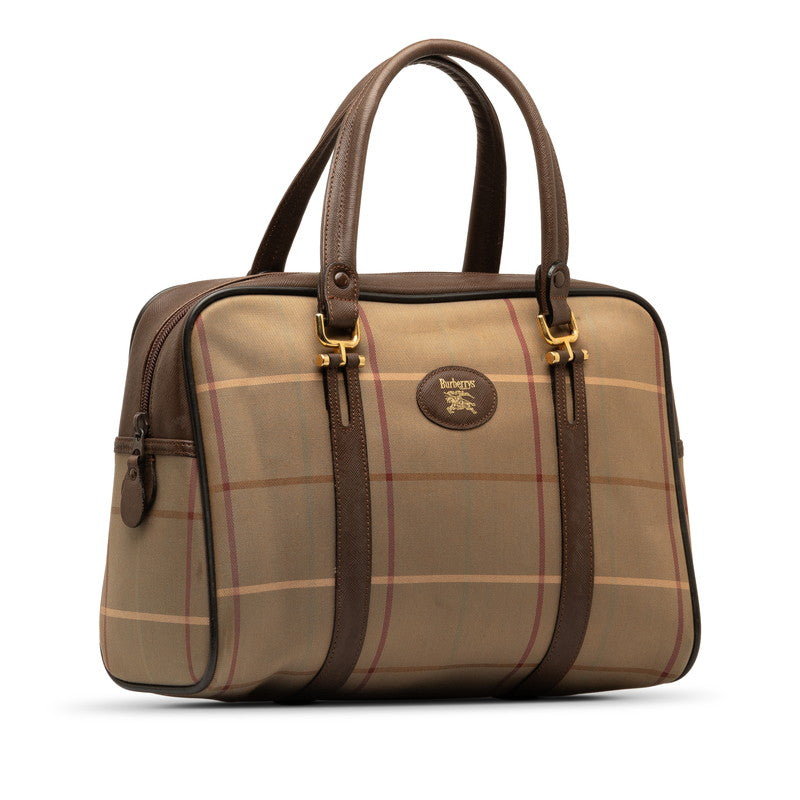 Burberry Checked Handbag Khaki Brown Nylon Leather