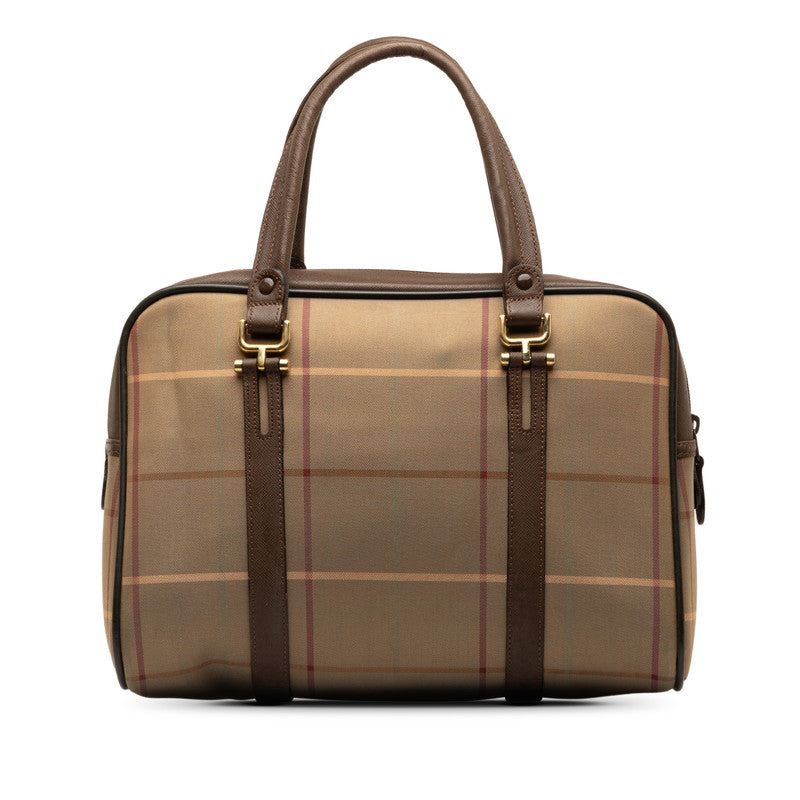 Burberry Checked Handbag Khaki Brown Nylon Leather