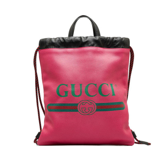 Gucci Grained Calfskin Logo Drawstring Backpack