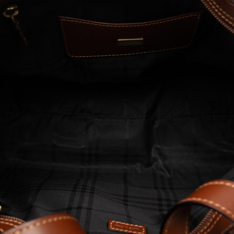 Burberry Check Tote Bag Brown Leather