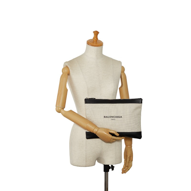 Balenciaga Ivory Black Canvas Leather Clutch Bag