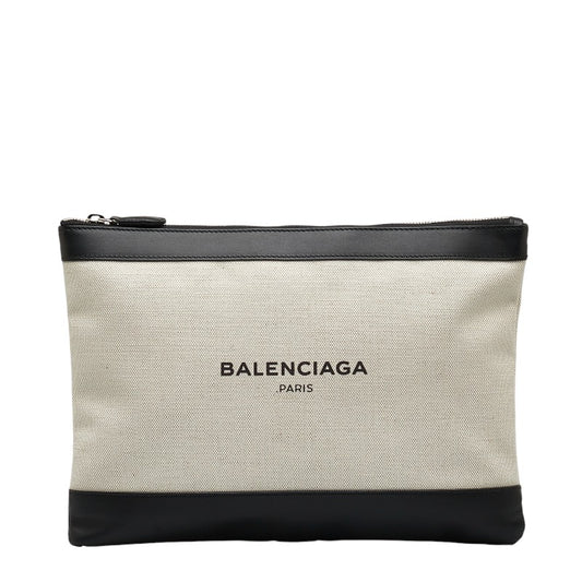 Balenciaga Ivory Black Canvas Leather Clutch Bag