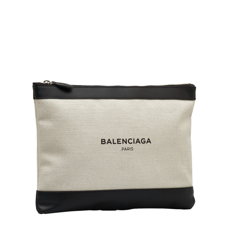 Balenciaga Ivory Black Canvas Leather Clutch Bag