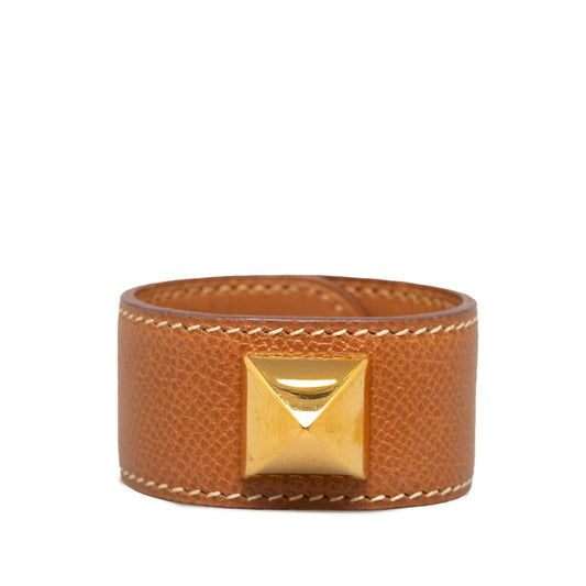 Hermes Medor Bracelet Bangle Brown Gold Leather Plated