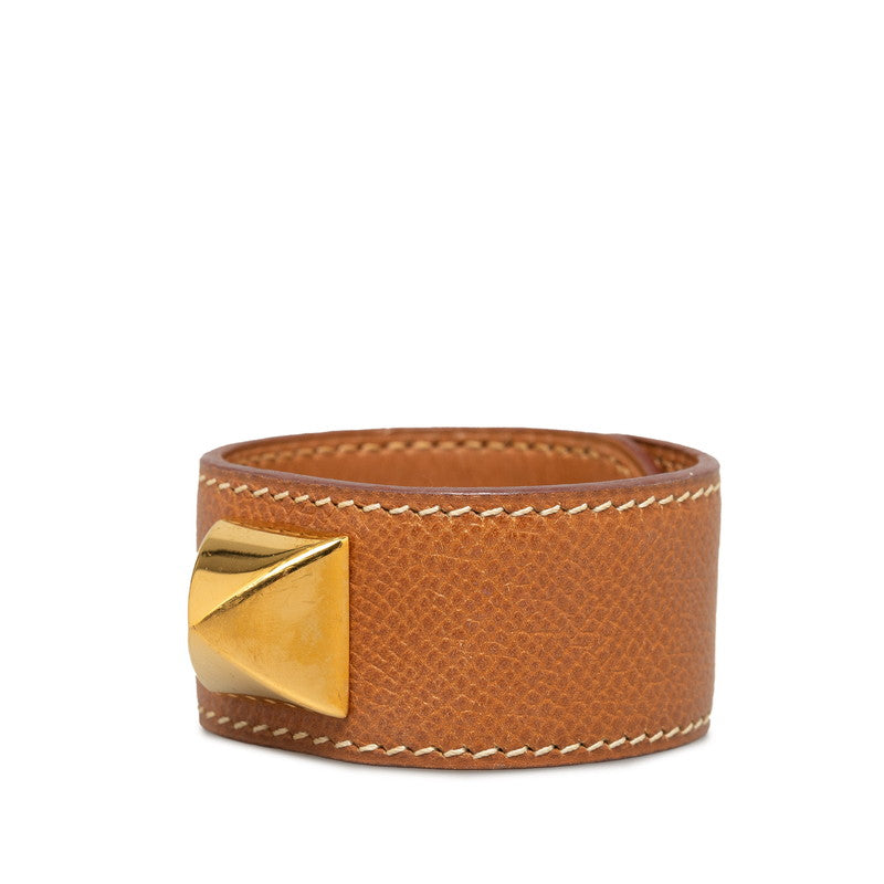 Hermes Medor Bracelet Bangle Brown Gold Leather Plated